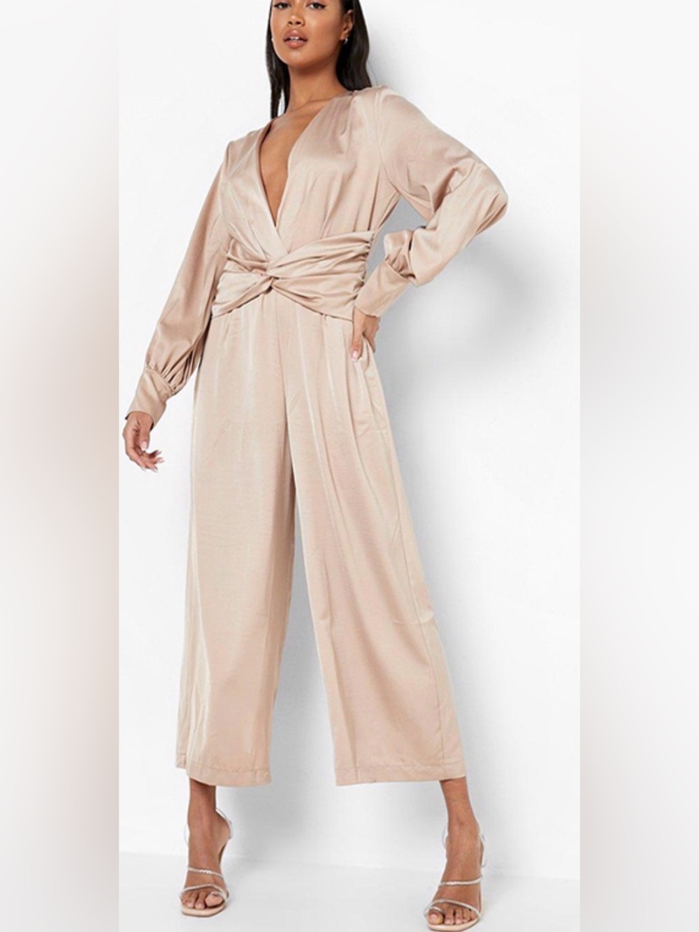 Women's Long Sleeve Twist jumpsuit - Tan